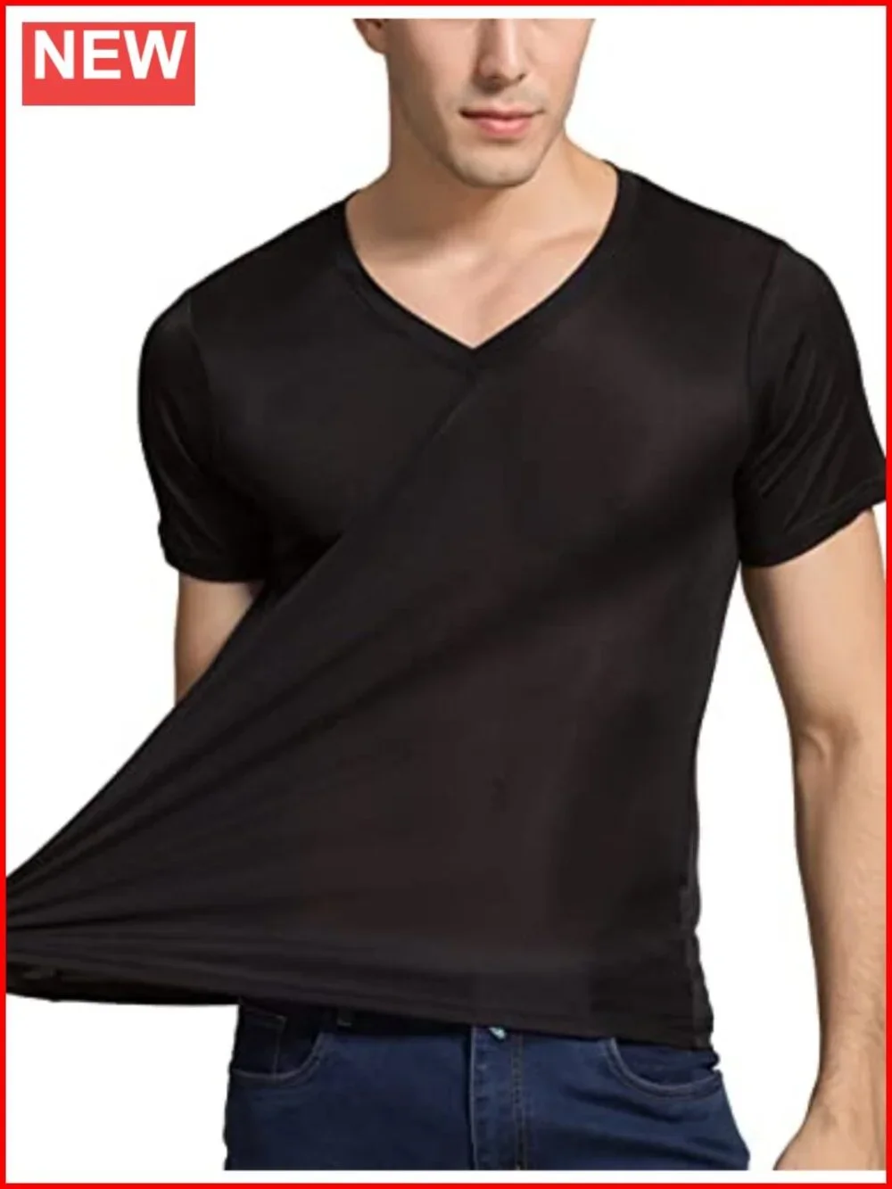 100% Mulberry Silk Men's V-Neck Short Sleeve Undershirt Tee Breathable